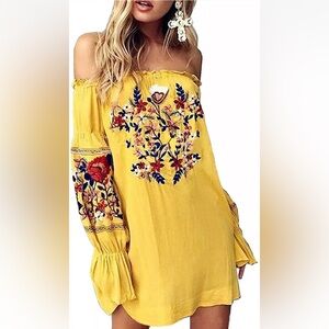 Yellow Off-the-Shoulder Bishop Sleeve Mini Sundress